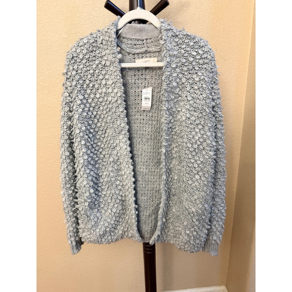 Loft Womens XS Popcorn Knit Cardigan Sweater Grey Wool Alpaca Blend Open Front